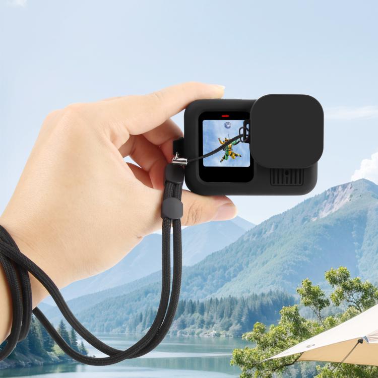 For GoPro HERO13 Black PULUZ Silicone Protective Case Side Interface Cover with Wrist Strap & Lens Cover  - Black