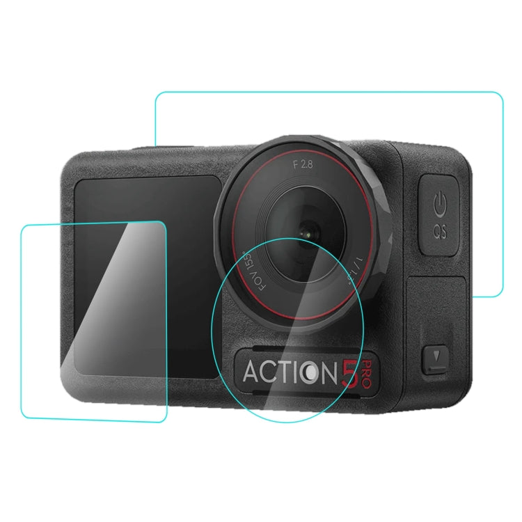 For DJI Osmo Action 5 Pro PULUZ 3-in-1 Lens Front and Back Screen Tempered Glass Explosion-proof Film  - Transparent