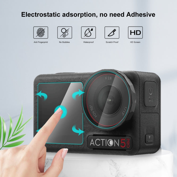 For DJI Osmo Action 5 Pro PULUZ 3-in-1 Lens Front and Back Screen Tempered Glass Explosion-proof Film  - Transparent