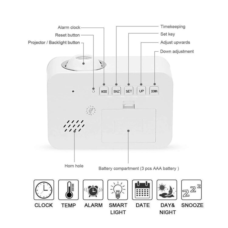 Sound Controlled Talking Time Projection Clock with Calendar and Temperature LCD Display(White)