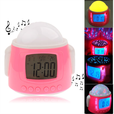 Android Robot Colorful Music Starry Star Sky Projection Alarm Clock(Pink)