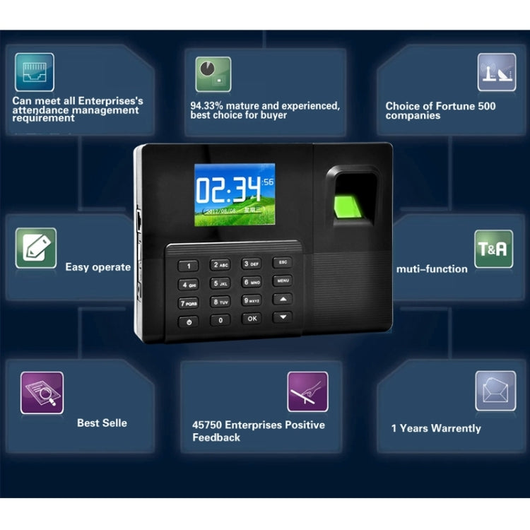 A9-TB 2.8 inch Color TFT Screen Backup Battery Fingerprint & RFID Time Attendance with TCP/IP & Access Control, USB Communication Office Time Attendance Clock