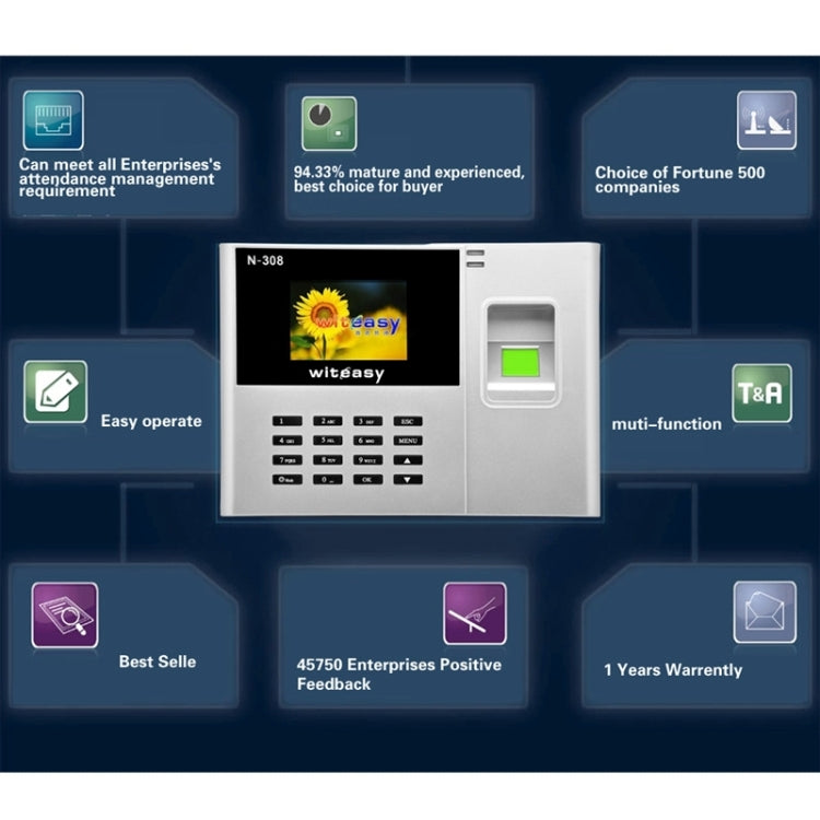 N-308 2.8 inch Color TFT Screen Fingerprint Time Attendance, USB Communication Office Time Attendance Clock