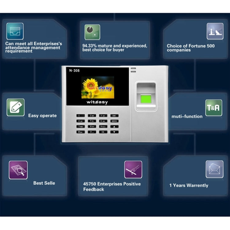 N-308-T 2.8 inch Color TFT Screen Fingerprint Time Attendance, TCP/IP Communication Office Time Attendance Clock