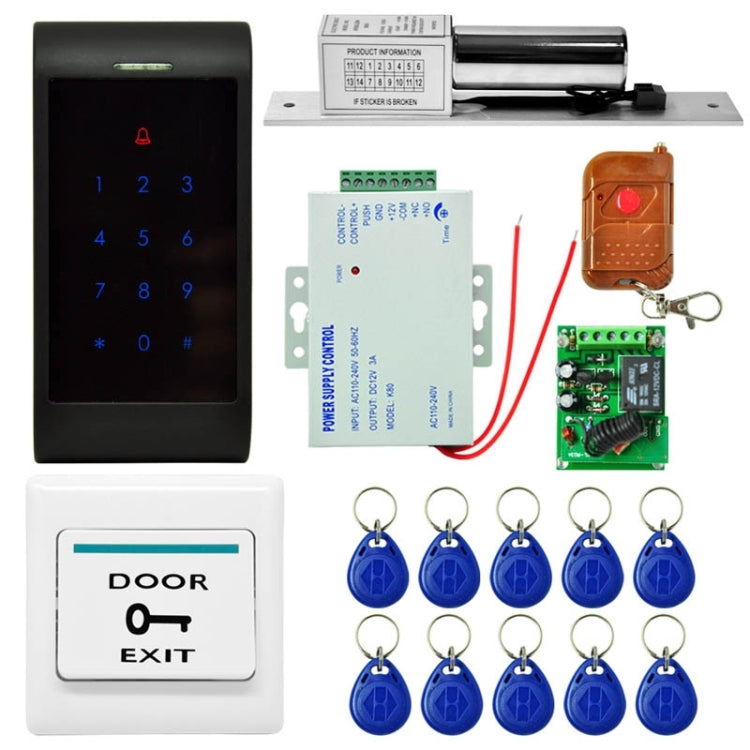 MJPT002 Door Access Control System Kits + Strike Door Lock + 10 ID Keyfobs + Power Supply + Exit Button + Remote Controller