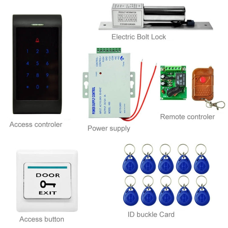 MJPT002 Door Access Control System Kits + Strike Door Lock + 10 ID Keyfobs + Power Supply + Exit Button + Remote Controller