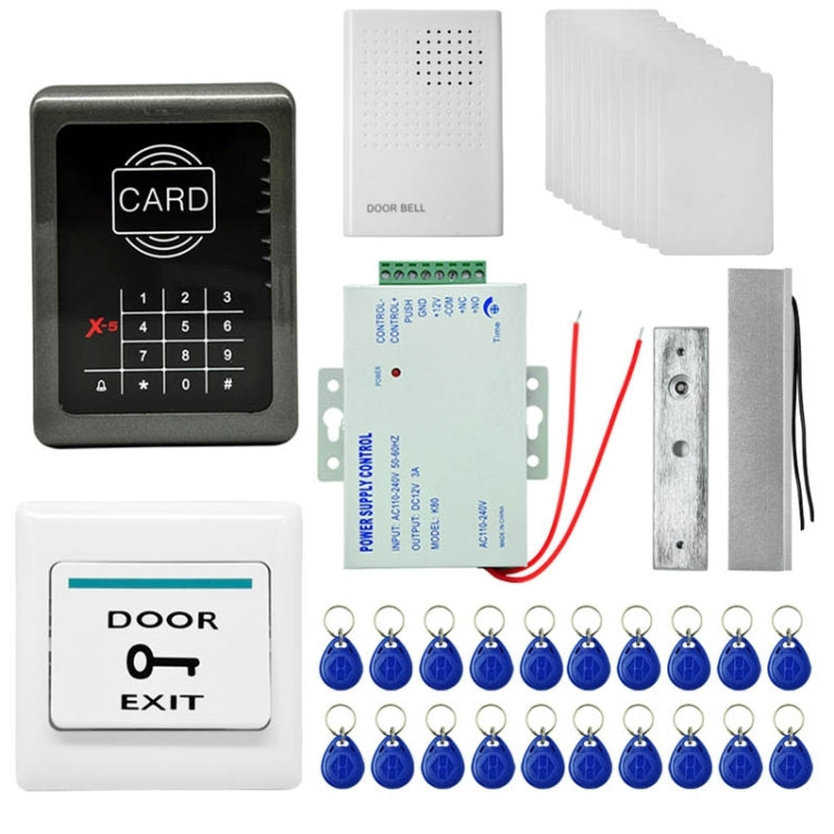 MJPT003 Door Access Control System Kits + Strike Door Lock + 20 ID Keyfobs + 10 ID Cards + Power Supply + Exit Button + Door Bell