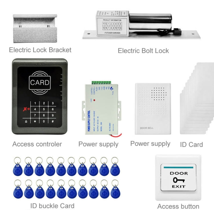 MJPT004 Door Access Control System Kits + Strike Door Lock + 20 ID Keyfobs + 10 ID Cards + Power Supply + Exit Button + Door Bell