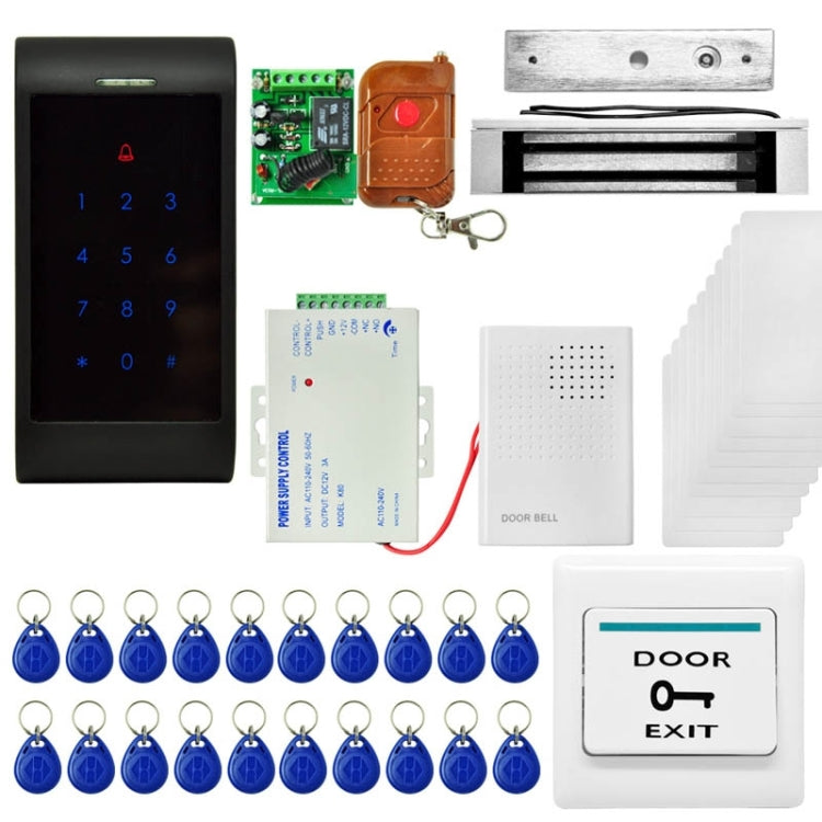 MJPT005 Door Access Control System Kits + Strike Door Lock + 20 ID Keyfobs + 10 ID Cards + Power Supply + Exit Button + Door Bell + Remote Controller