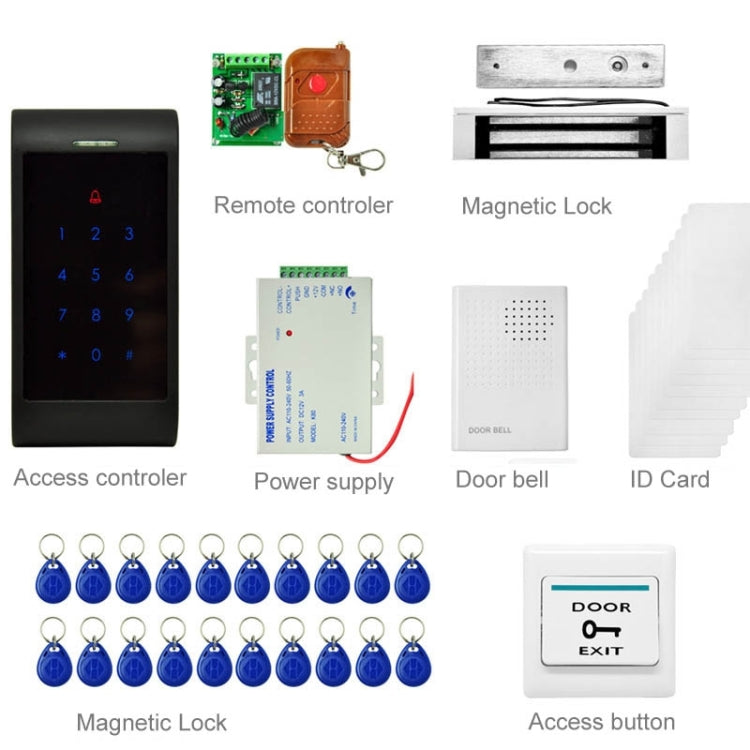 MJPT005 Door Access Control System Kits + Strike Door Lock + 20 ID Keyfobs + 10 ID Cards + Power Supply + Exit Button + Door Bell + Remote Controller