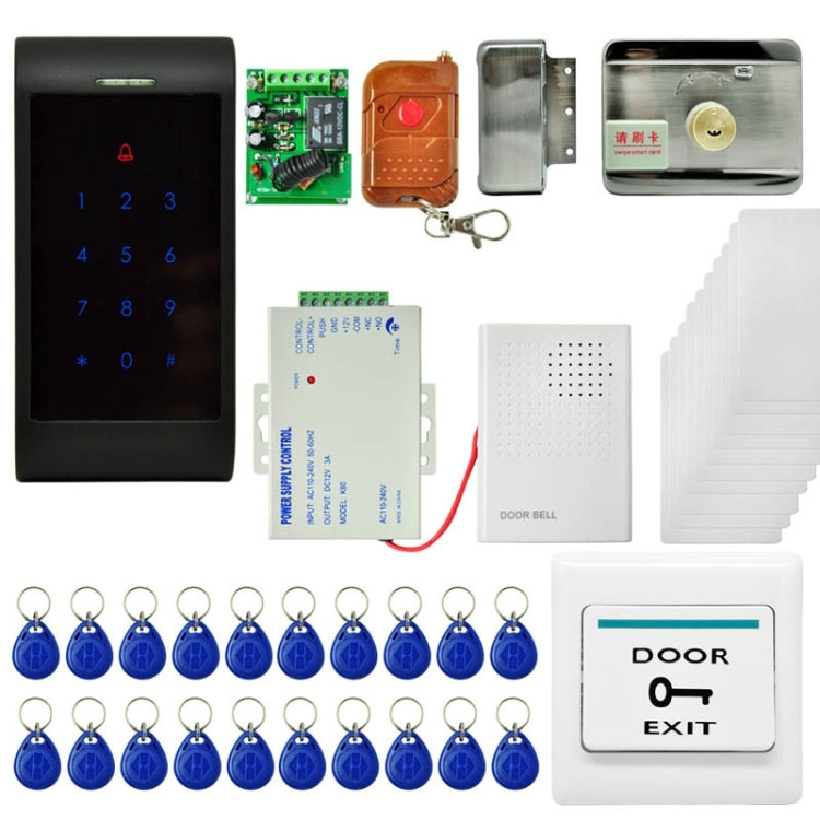 MJPT006 Door Access Control System Kits + Electric Control Lock + 20 ID Keyfobs + 10 ID Cards + Power Supply + Exit Button + Door Bell + Remote Controller