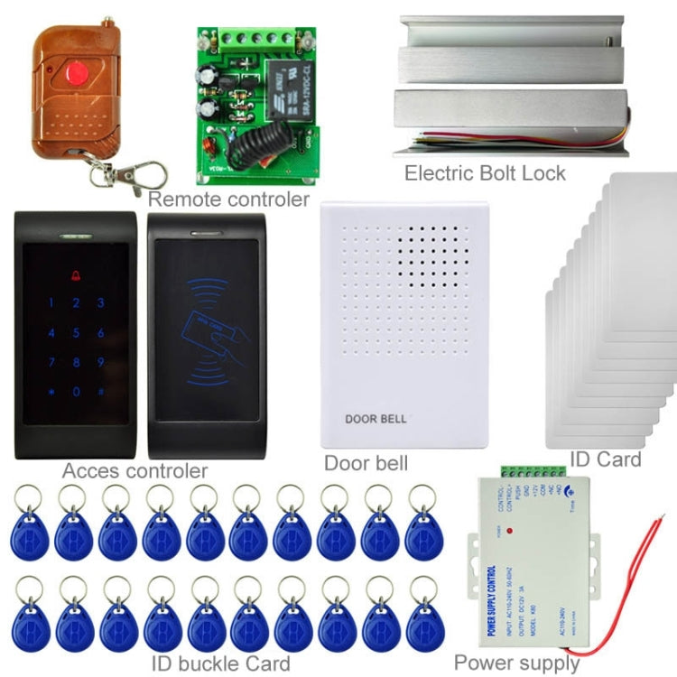 MJPT007 2 x Door Access Control System Kits + Electric Bolt Lock + 20 ID Keyfobs + 10 ID Cards + Power Supply + Door Bell + Remote Controller