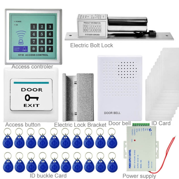 MJPT009 RFID Access Control System Kits + Electric Lock + 20 ID Keyfobs + 10 ID Cards + Power Supply + Door Bell + Exit Button