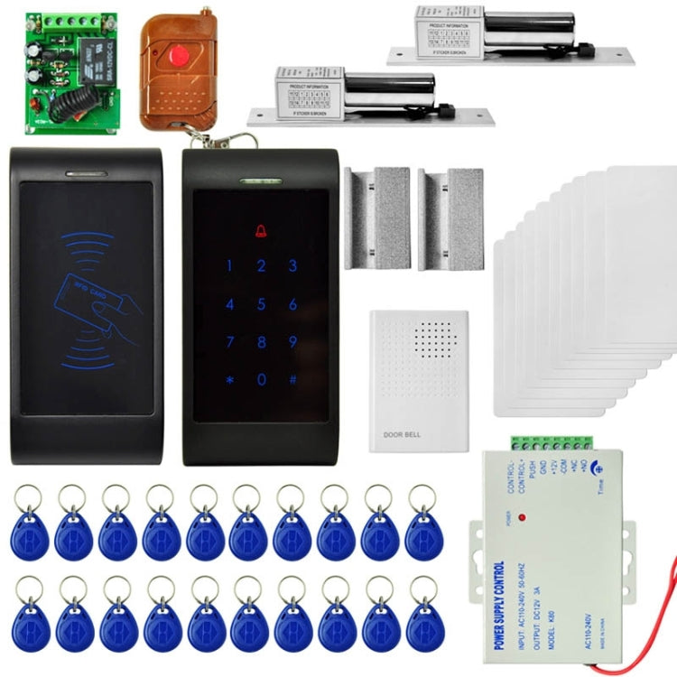MJPT013 2 x Door Access Control System Kits + 2 x Electric Control Lock + 20 ID Keyfobs + 10 ID Cards + Power Supply + Door Bell + Remote Controller