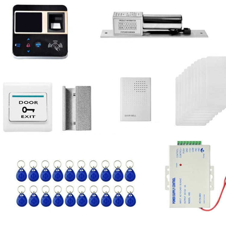 MJPT101 Fingprint Access Control System Kits + Electric Lock + 20 ID Keyfobs + 10 ID Cards + Power Supply + Door Bell + Exit Button
