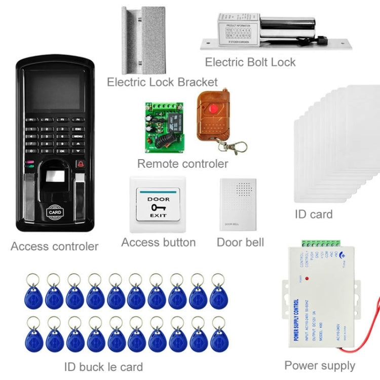 MJPT103 Fingprint & Password Access Control System Kits + Electric Lock + 20 ID Keyfobs + 10 ID Cards + Power Supply + Door Bell + Exit Button + Remote Controller