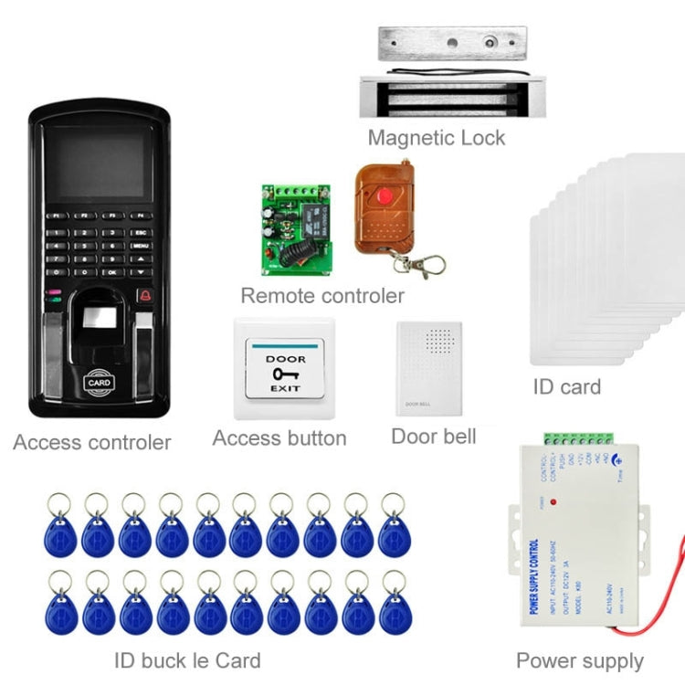 MJPT104 Fingprint & Password Access Control System Kits + Magnetic Lock + 20 ID Keyfobs + 10 ID Cards + Power Supply + Door Bell + Exit Button + Remote Controller