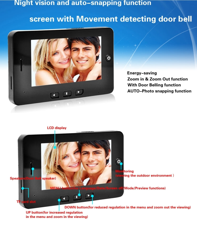 YB-43HD-M 4.3 inch Screen Mutiple Function Smart Door Peephole Viewer, 1.3MP Sensor Camera, Support Movement Detection & Night Vision