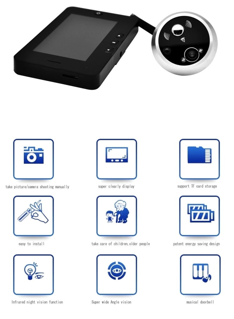 YB-43HD-M 4.3 inch Screen Mutiple Function Smart Door Peephole Viewer, 1.3MP Sensor Camera, Support Movement Detection & Night Vision