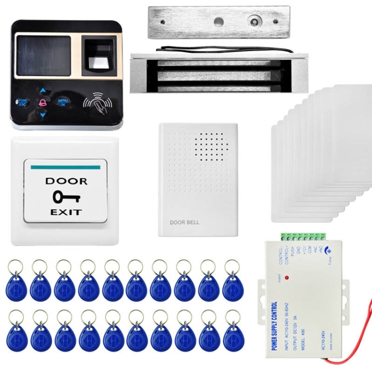 MJPT102 Fingprint Access Control System Kits + Magnetic Lock + 20 ID Keyfobs + 10 ID Cards + Power Supply + Door Bell + Exit Button