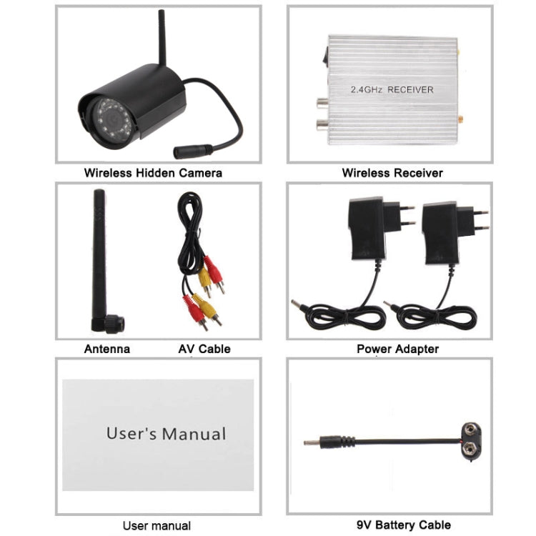 2.4GHz Wireless Receiver and Camera 24 LED, Built in Microphone for Audio Monitoring, Support Night Vision (Effective Range: 15m), CCD 420 TV Line, Max Support 4 Cameras