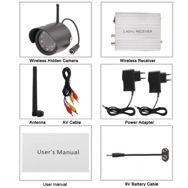 2.4GHz Wireless Receiver and Waterproof Camera 24 LED, Built in Microphone for Audio Monitoring, Support Night Vision (Effective Range:15m), CCD 420 TV Line, Max Support 4 Cameras