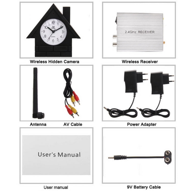 2.4G Wireless Hidden Clock Style Camera and Receiver, Built in microphone for audio monitoring, Max support 4 camera