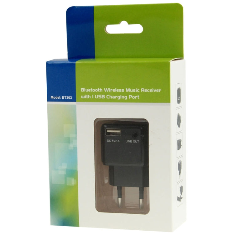 BT-303 Bluetooth 2.1 Music Audio Dongle Receiver with USB Charging Port EU Plug, For iPhone, Samsung, HTC, Sony, Google, Huawei, Xiaomi and other Smartphones(Black)