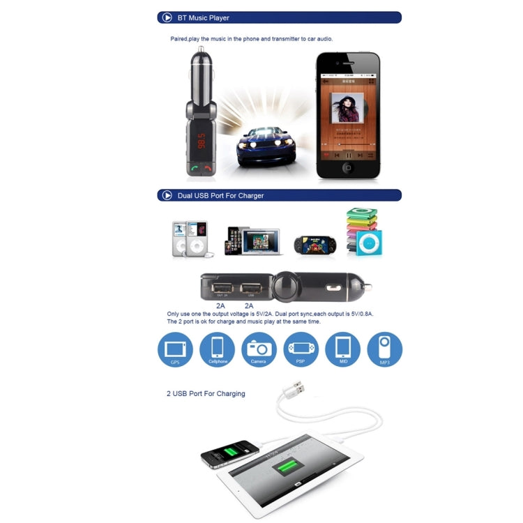BC-06 Bluetooth Car Kit FM Transmitter Car MP3 Player with LED Display 2 USB Charger & Handsfree Function(Black)