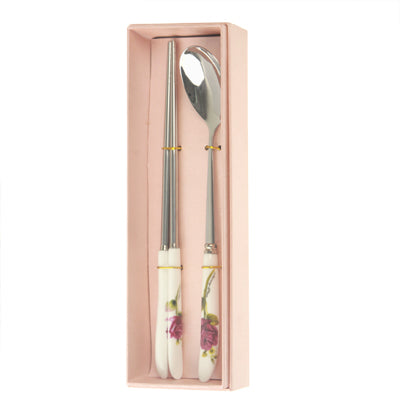Ceramic Handle Stainless Steel Spoon + Chopsticks Set