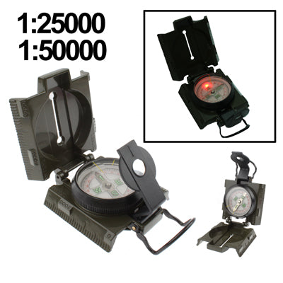 Military Camping Navigation Lensatic Compass with Red LED Light / Dual Map Scales(Army Green)