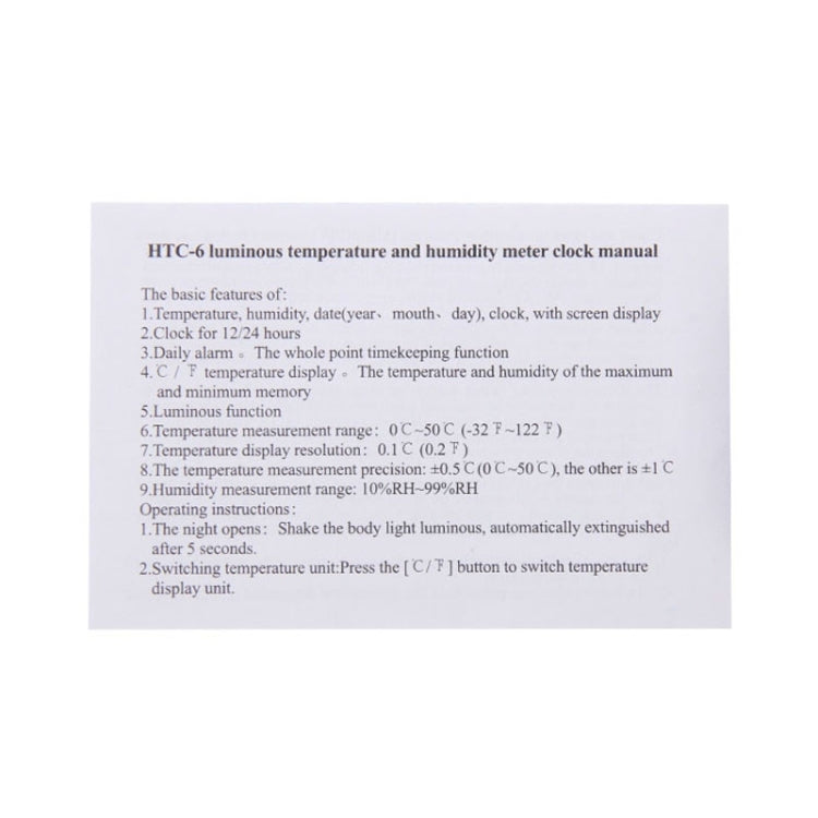 HTC-6 Digital Indoor Luminous Centigrade and Fahrenheit Thermometer & Hygrometer with Screen Display & Date & Clock