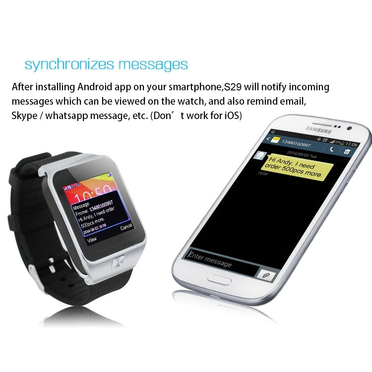 S29 GSM Smart Watch, Phone Call for Android & iOS Phone, Health Assistant / Pedometer / Sleep Monitoring / Bluetooth / Camera
