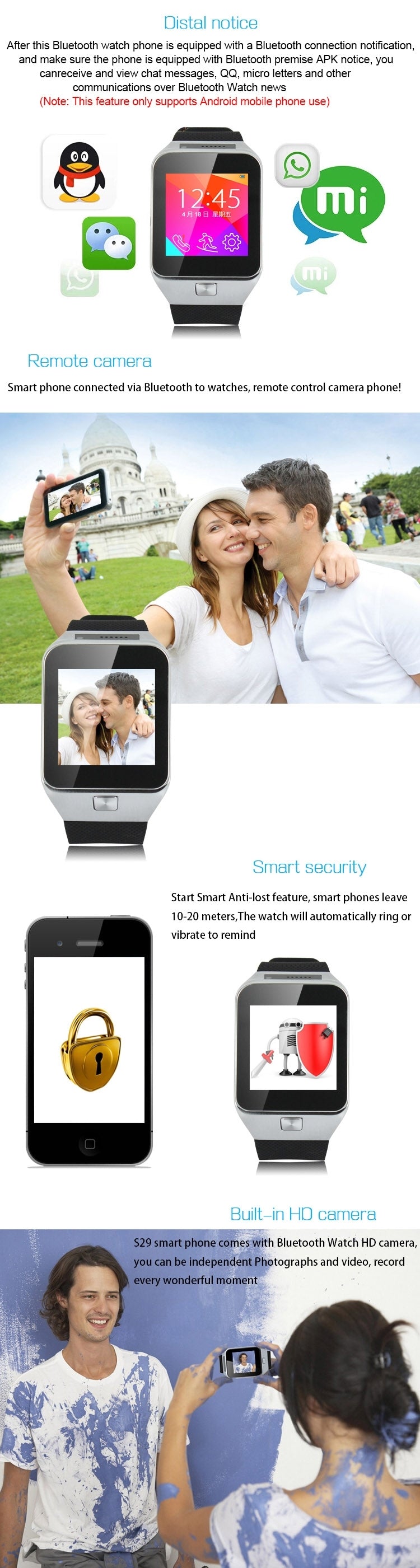 S29 GSM Smart Watch, Phone Call for Android & iOS Phone, Health Assistant / Pedometer / Sleep Monitoring / Bluetooth / Camera
