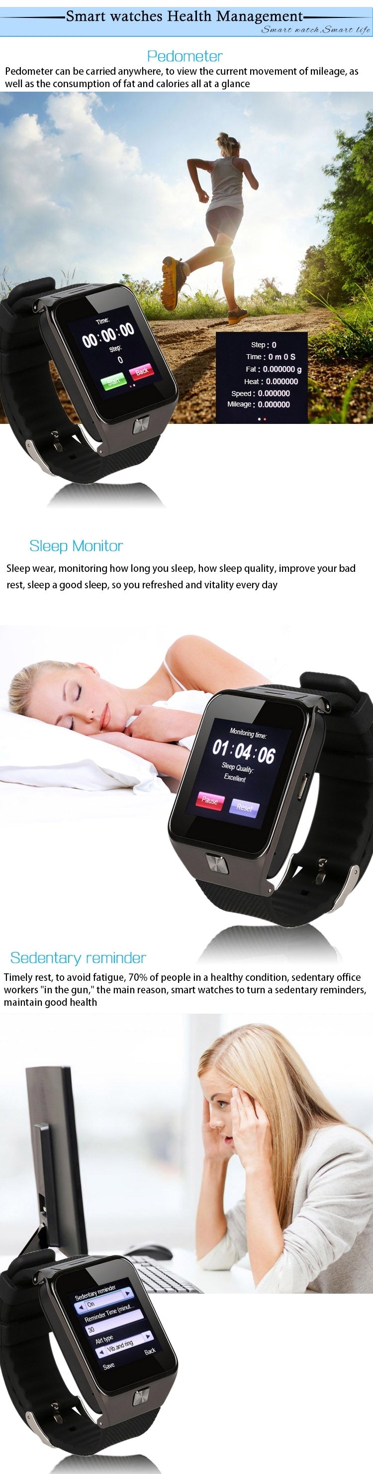 S29 GSM Smart Watch, Phone Call for Android & iOS Phone, Health Assistant / Pedometer / Sleep Monitoring / Bluetooth / Camera