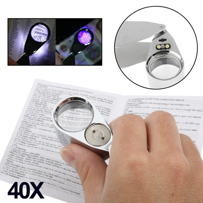Full Metal Coating 40 x 25mm Magnifying Glass Magnifier with 2-LED Light for Jewelry Identifying & Money Detector Light(Silver)