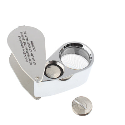 Full Metal Coating 40 x 25mm Magnifying Glass Magnifier with 2-LED Light for Jewelry Identifying & Money Detector Light(Silver)