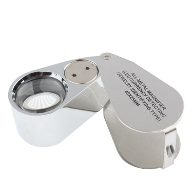 Full Metal Coating 40 x 25mm Magnifying Glass Magnifier with 2-LED Light for Jewelry Identifying & Money Detector Light(Silver)