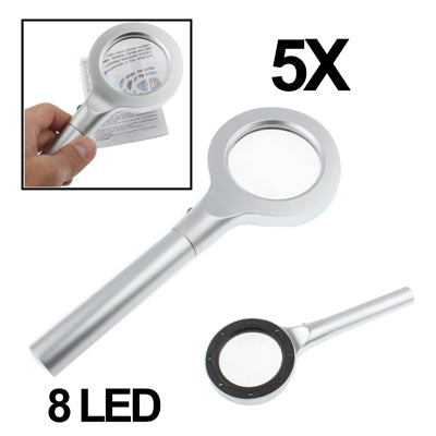 5X 55mm Hand-held Metal Magnifier with 2-mode 8 LED Lights