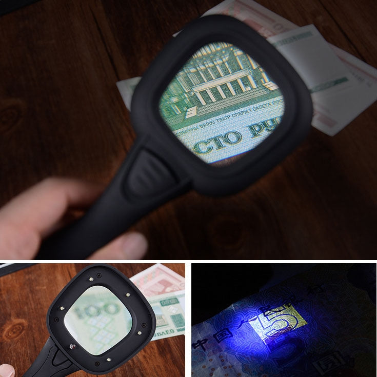 Handheld 4X Magnifier with 6-LED light for Reading Currency Detecting(Black)