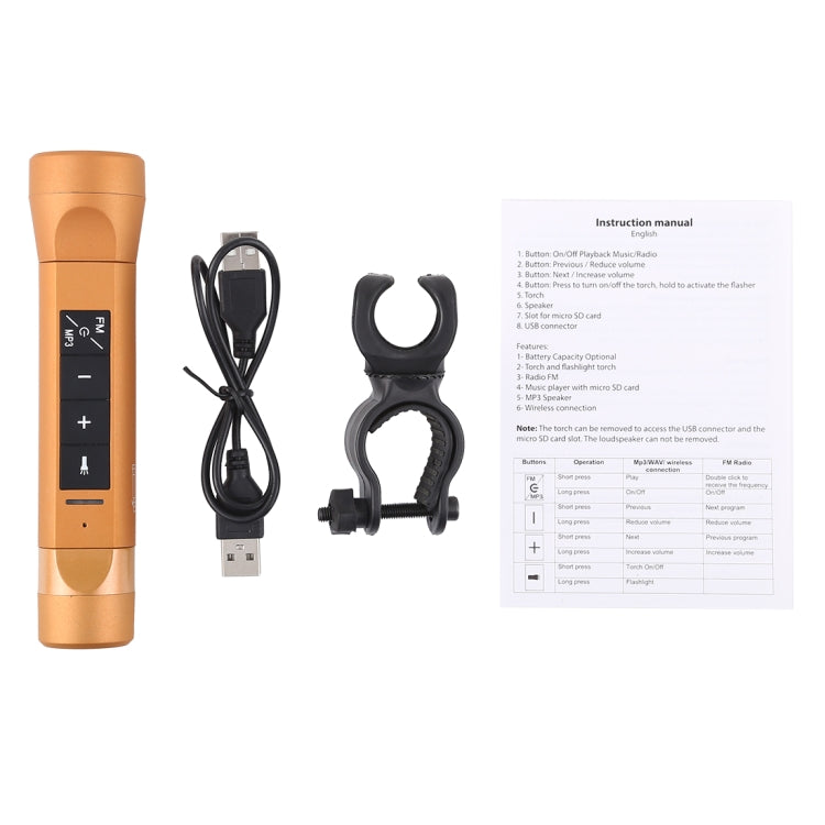 3 in 1 Multi-functional Bicycle Magic Music Flashlight MP3 Player Speaker(Gold)