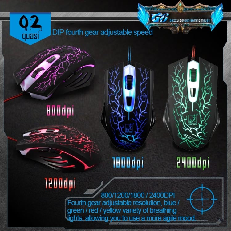 G6 800 / 1200 / 1600 / 2000 DPI High Speed Wired USB 6D Gaming Optical Mouse with 7 Color Cool Breath Light(Black)