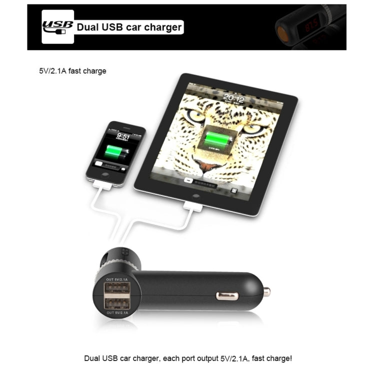 Bluetooth Hands-free Kit with 2 USB Port Car Charger, Support Music Play & Hands-free Answer Phone & FM Function
