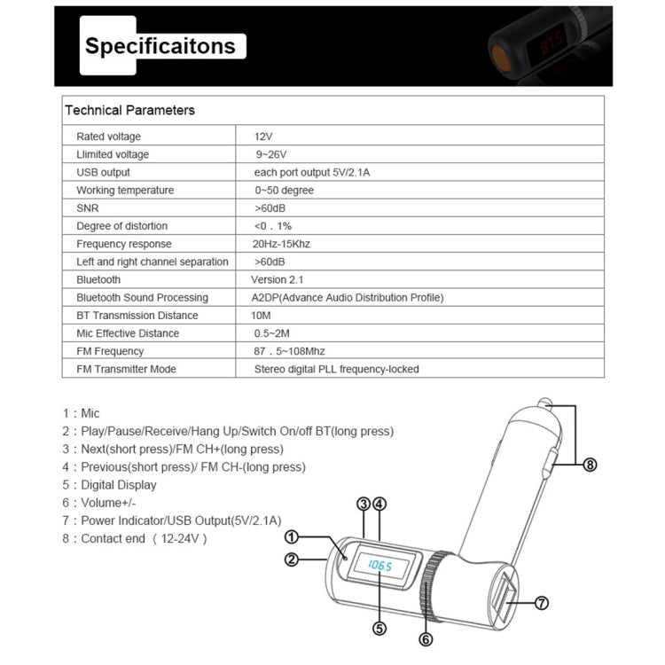 Bluetooth Hands-free Kit with 2 USB Port Car Charger, Support Music Play & Hands-free Answer Phone & FM Function