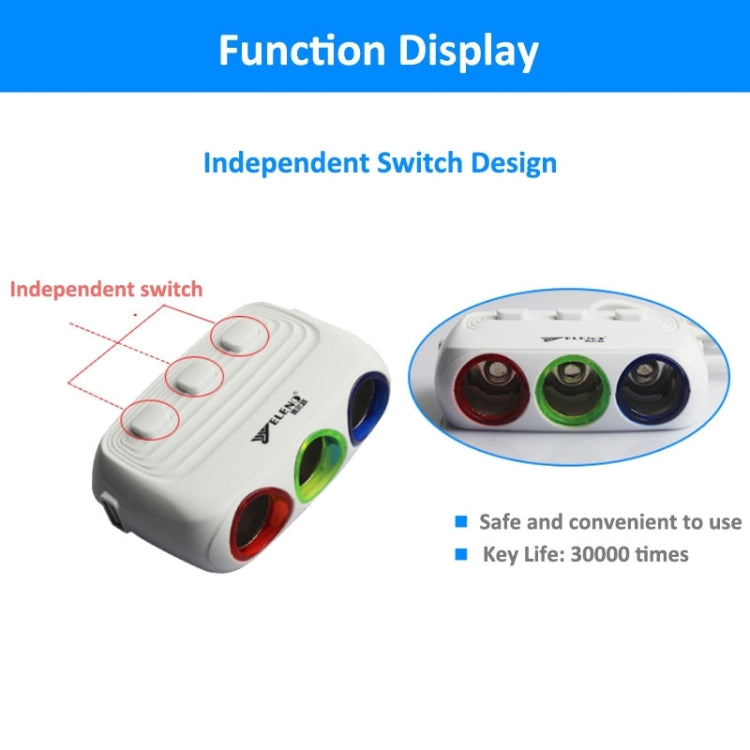 ELENO Y-071 120W / 5V / 3.1A 1 to 3 Car Cigarette Socket with 2 USB Ports for Charging, Cable Length: 80cm
