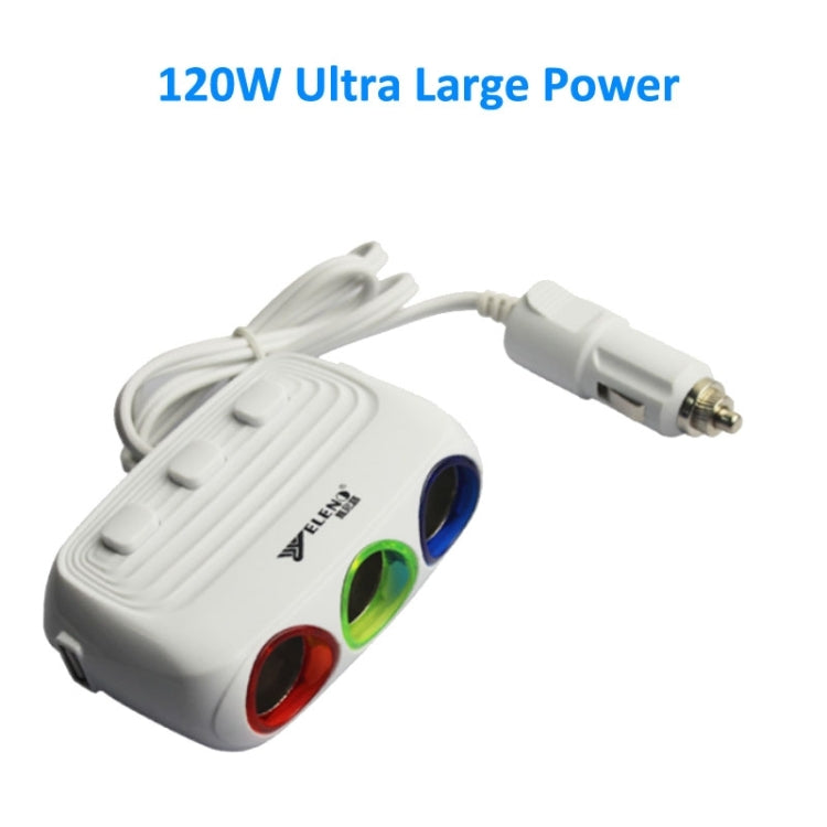 ELENO Y-071 120W / 5V / 3.1A 1 to 3 Car Cigarette Socket with 2 USB Ports for Charging, Cable Length: 80cm