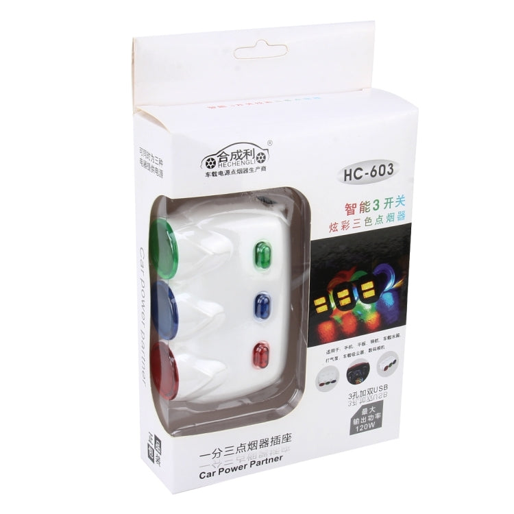 ELENO Y-071 120W / 5V / 3.1A 1 to 3 Car Cigarette Socket with 2 USB Ports for Charging, Cable Length: 80cm