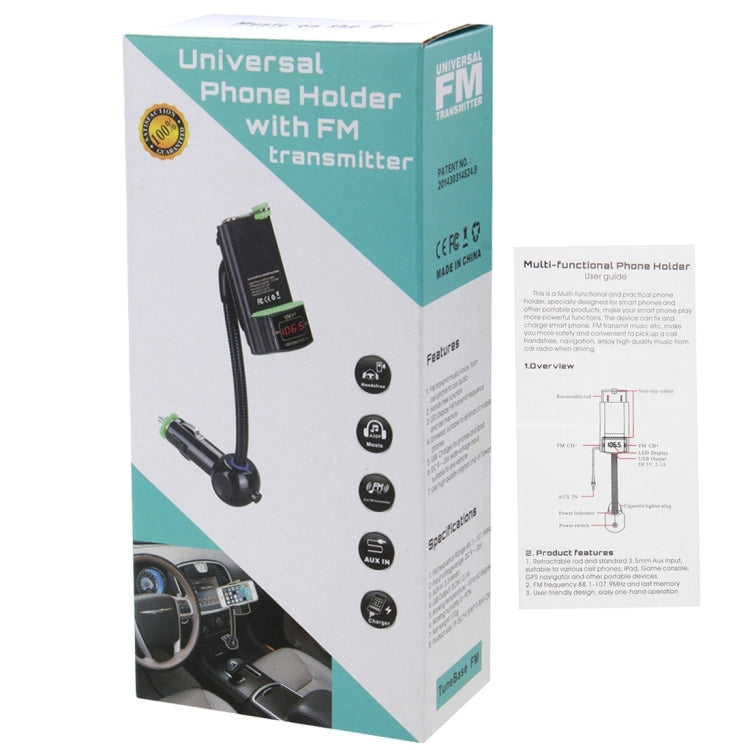 Universal 360 Degrees Rotatable Car Phone Holder with FM Transmitter & Smart Phones USB Charging Function for iPhone 6s & 6s Plus, iPhone 6 & 6 Plus, iPhone 4 & 4S, Galaxy S6 / S6 edge / S6 edge+ / Note 5 Edge, HTC, Sony(Black)