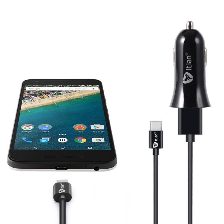 Itian Hi-speed Trumpet Shaped Car Charger Car Charging Adapter with USB-C / Type-C Cable for Google & LG & Huawei & Nokia & Microsoft & Xiaomi & OnePlus & Letv & Meizu(Black)