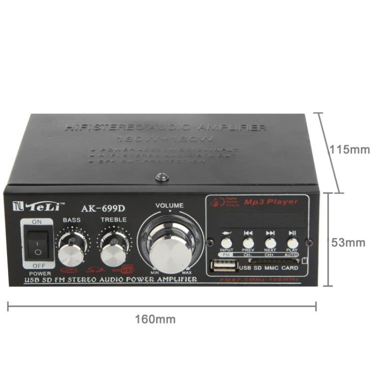 HiFi Stereo Audio MP3 Power Amplifier with Remote Control, Support FM USB SD MMC Card, Digital Player 180W + 180W (AK-699D)(Black)